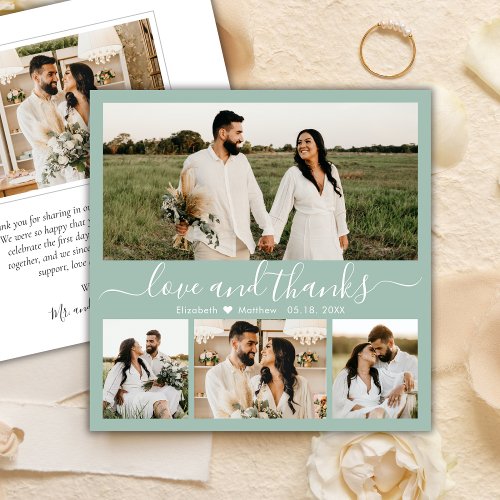 Elegant Sage Green 4 Photo Collage Script Wedding Thank You Card