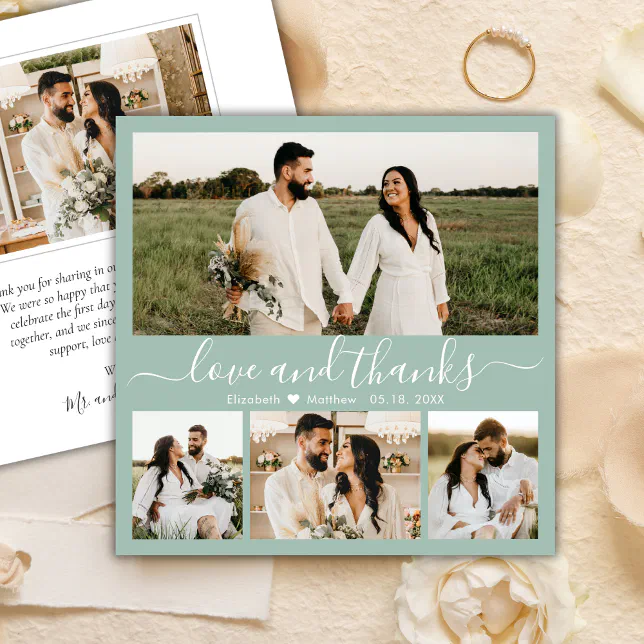 Elegant Sage Green 4 Photo Collage Script Wedding Thank You Card | Zazzle