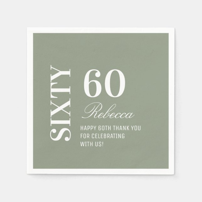 Elegant Sage Green 60th Birthday Party Cocktail  Napkins (Front)
