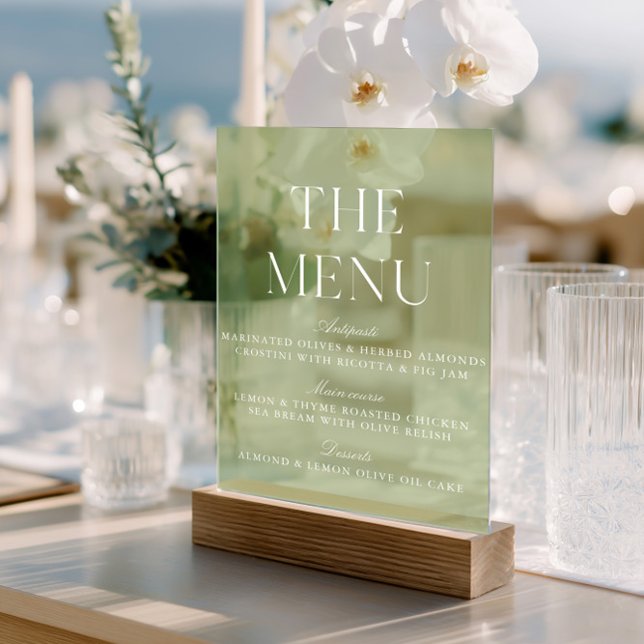 Elegant Sage Green Acrylic Wedding Menu Sign (Elegant Sage Green Acrylic Wedding Menu Sign)