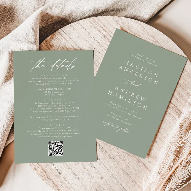 Elegant Sage Green All In One Qr Code Wedding Invitation Zazzle