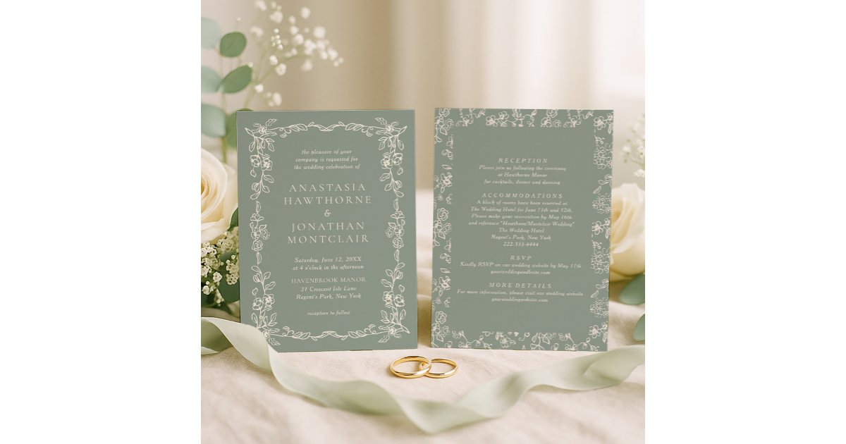 Elegant Sage Green All in One Wedding Invitation | Zazzle