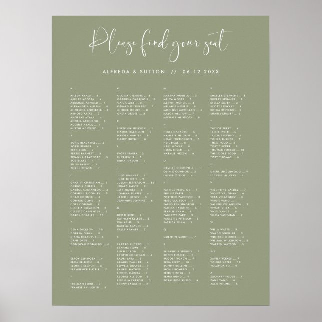 Elegant Sage Green Alphabetical seating chart (Front)