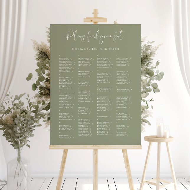 Elegant Sage Green Alphabetical Seating Chart Foam Board (Creator Uploaded)
