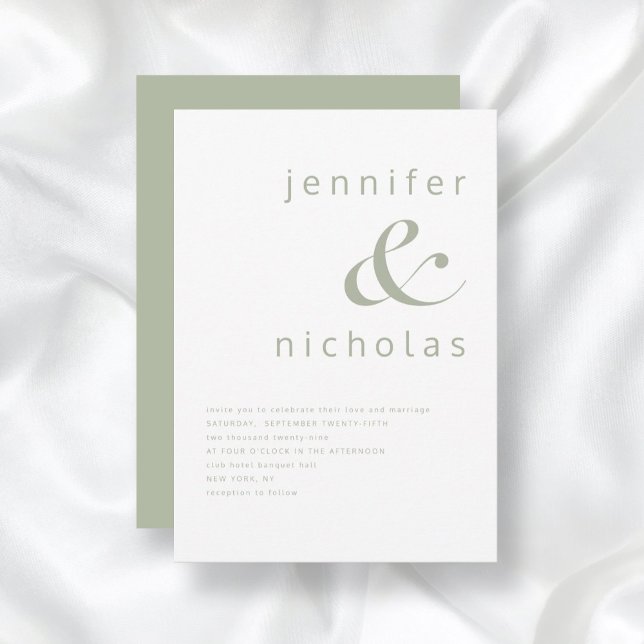 Elegant Sage Green Ampersand Wedding Invitation (Front/Back Minimalist Sage Green Ampersand Typography Wedding Invitation)