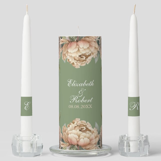 Elegant Sage Green and Blush Pink Peonies Wedding Unity Candle Set (Front)