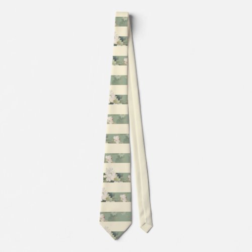 Elegant Sage Green and Cream Striped Botanical Neck Tie