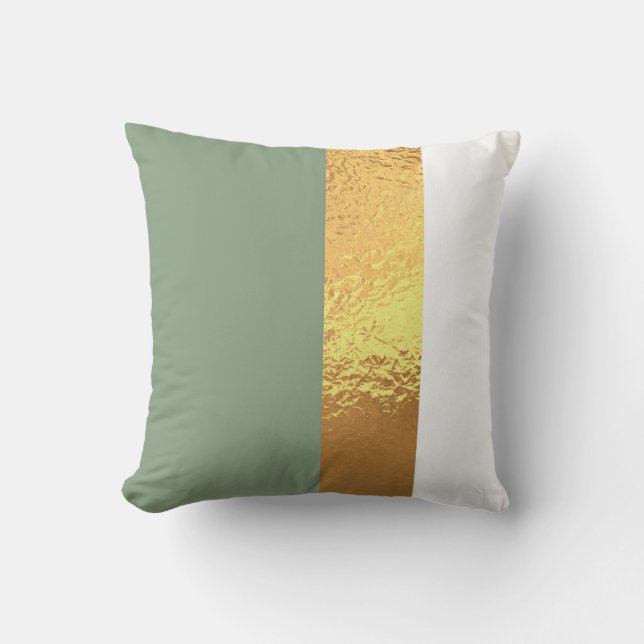 Elegant Sage Green and Faux Gold Geometric Stripes Throw Pillow (Front)