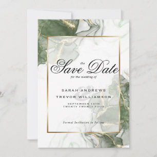 Elegant Sage Green and Gold Alcohol Ink Invitation