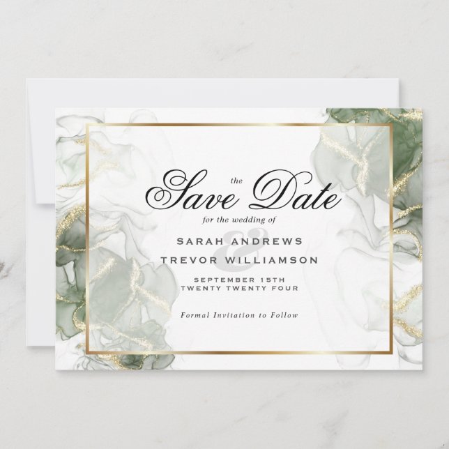 Elegant Sage Green and Gold Alcohol Ink Invitation (Front)