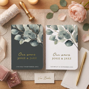 Elegant sage green and gold botanical eucalyptus foil vow books