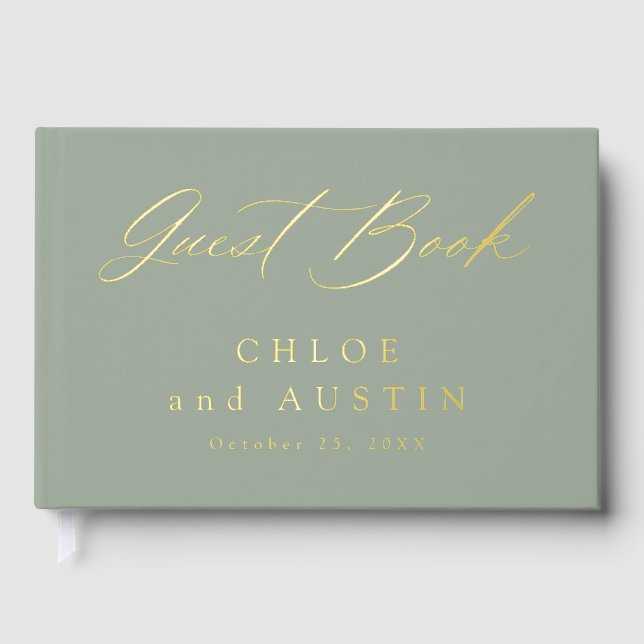Elegant Sage Green and Gold Calligraphy Wedding Fo Foil Guest Book (Front)