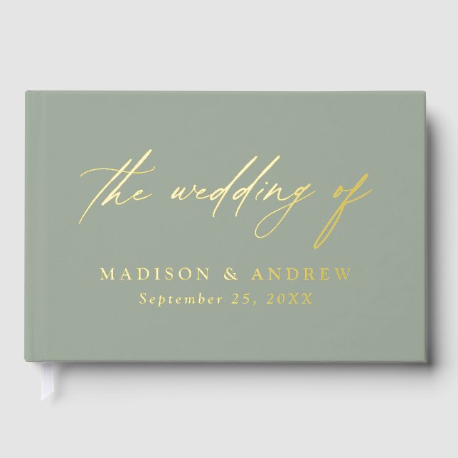 Elegant Sage Green and Gold Calligraphy Wedding Foil Guest Book (Front)