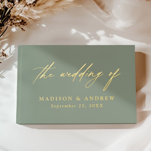 Elegant Sage Green and Gold Calligraphy Wedding Foil Guest Book