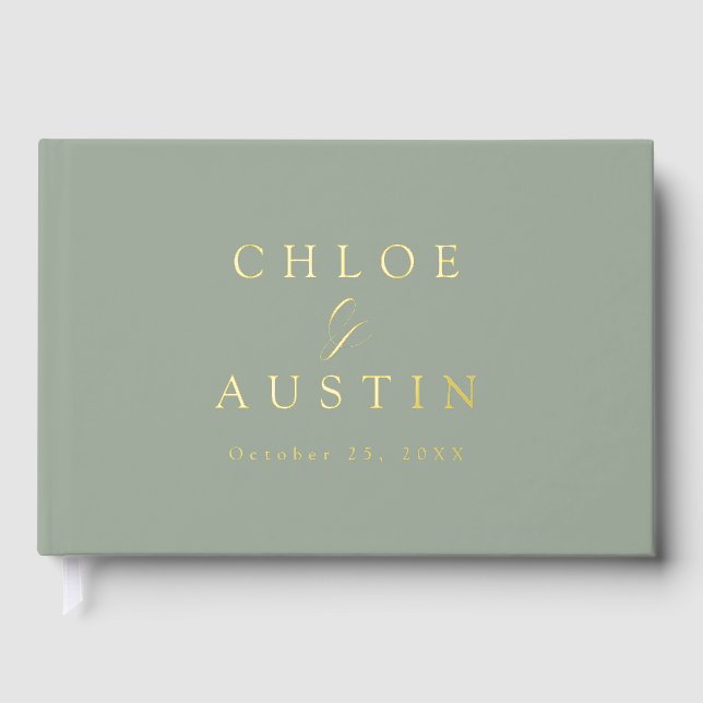 Elegant Sage Green and Gold Calligraphy Wedding Foil Guest Book (Front)
