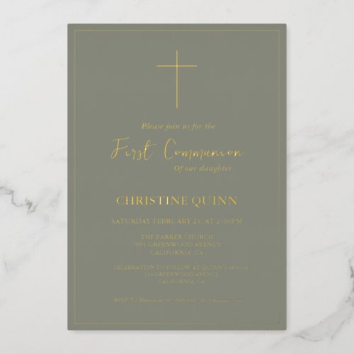 Elegant Sage Green and Gold First Holy Communion Foil Invitation
