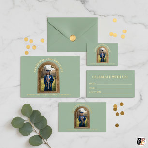 Elegant Sage Green and Gold Foil Arched Photo Grad Invitation