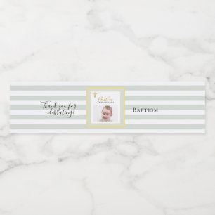 Elegant Sage Green and Gold Photo Baptism Party Water Bottle Label
