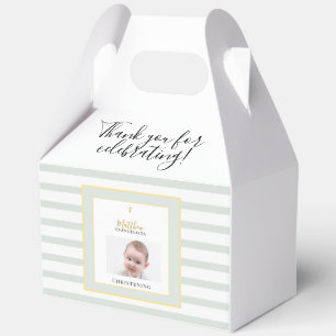 Elegant Sage Green and Gold Photo Christening Favor Boxes