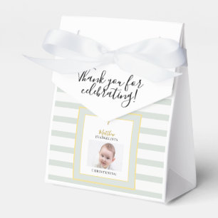 Elegant Sage Green and Gold Photo Christening Tent Favor Boxes
