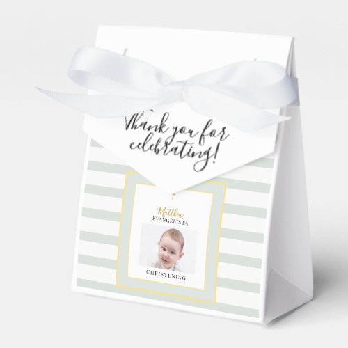 Elegant Sage Green and Gold Photo Christening Tent Favor Boxes