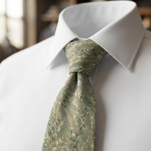 Elegant Sage Green and Gold Watercolor Botanical Neck Tie