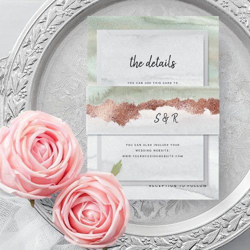Elegant Sage Green and Gray Watercolor  Rose Gold Invitation Belly Band