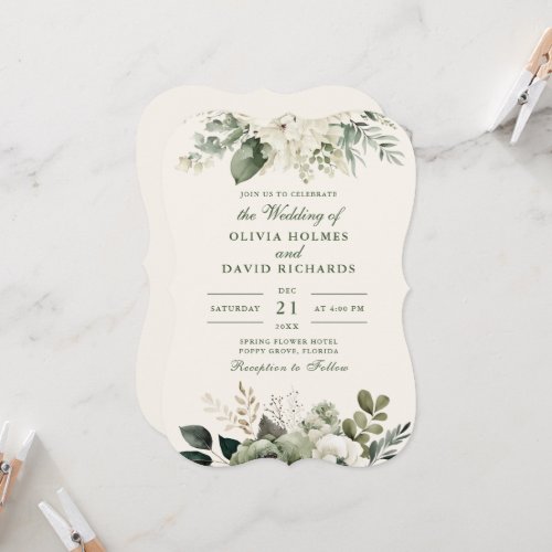 Elegant Sage Green and Ivory Flowers Wedding Invitation