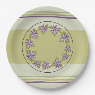 Elegant Sage Green and Purple Floral And Stripe Paper Plates