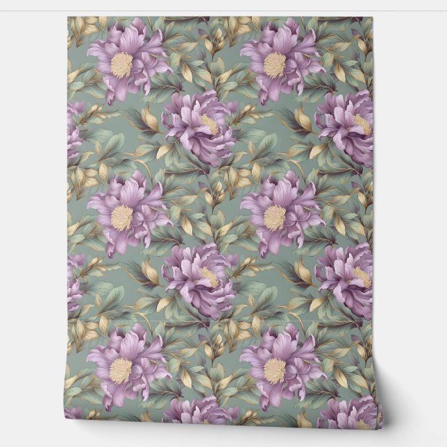 Elegant sage green and purple flowers peonies wallpaper  (Unrolling)