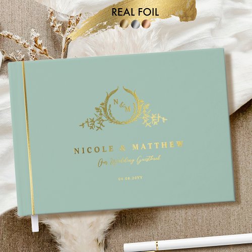 Elegant Sage Green and Real Foil Monogram Wedding Foil Guest Book