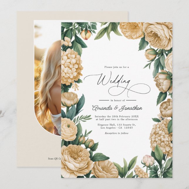 Elegant Sage Green and Sandstone Floral Wedding Invitation (Front/Back)