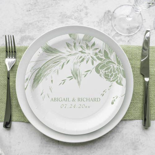 Elegant sage green and white flowers wedding paper plates