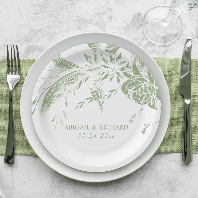 Elegant sage green and white flowers wedding paper plates (Creator Uploaded)