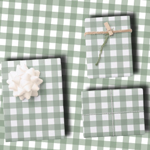 Elegant Sage Green and White Gingham Holiday Wrapping Paper Sheets