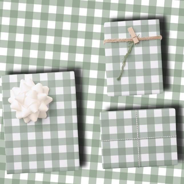 Elegant Sage Green and White Gingham Holiday  Wrapping Paper Sheets (Creator Uploaded)