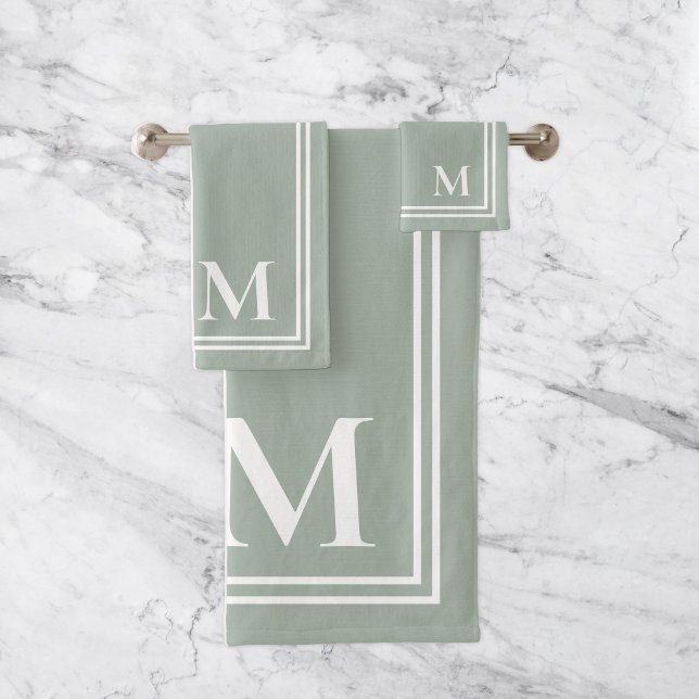Elegant Sage Green and White Monogram Bath Towel Set (Creator Uploaded)