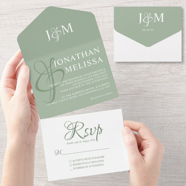 Elegant Sage Green and White Monogram Wedding  All In One Invitation (Creator Uploaded)