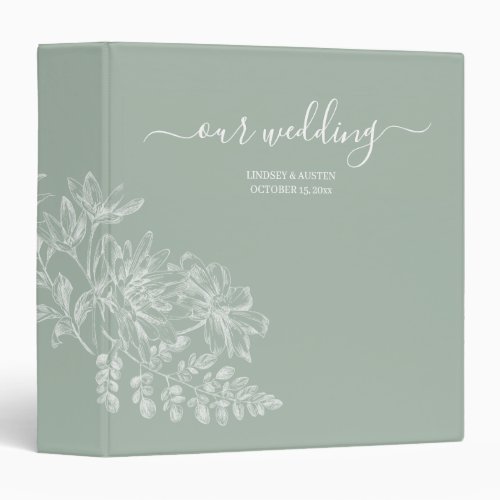 Elegant Sage Green and White Script Wedding 3 Ring 3 Ring Binder