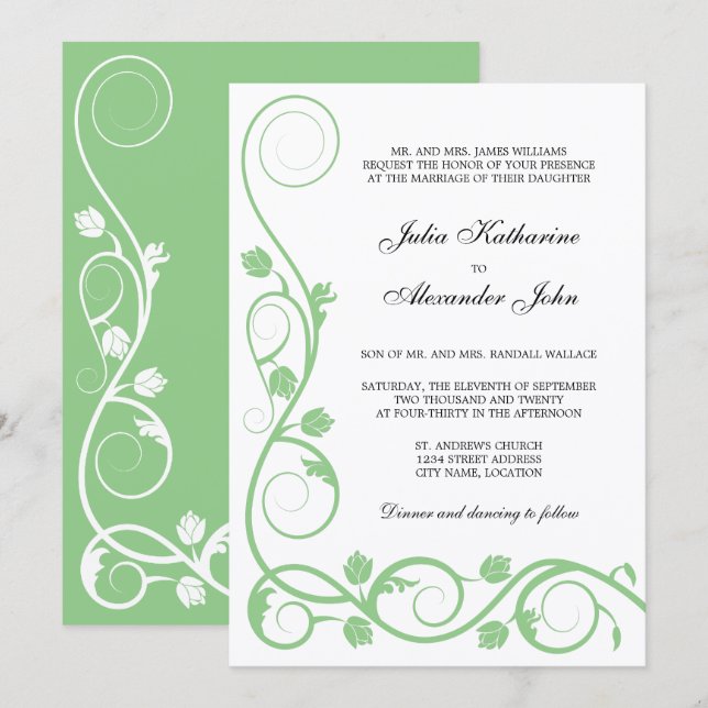 Elegant Sage Green and White Swirls Invitation (Front/Back)