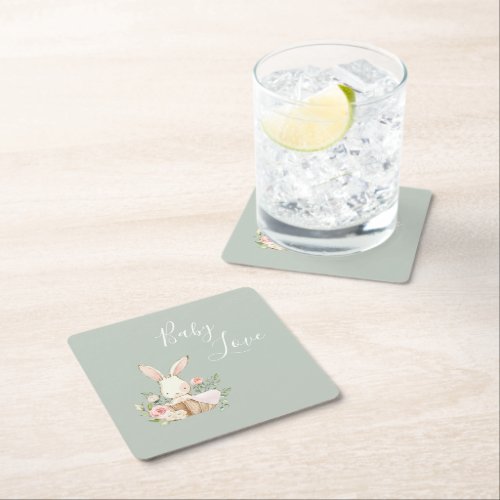 Elegant Sage Green Baby Love Baby Shower Square Paper Coaster