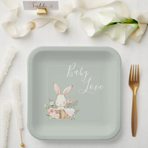 Elegant Sage Green Baby Love Script Baby Shower Paper Plates