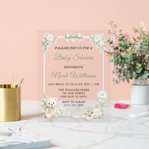 Elegant Sage Green Baby Shower Invitation Template Acrylic Sign