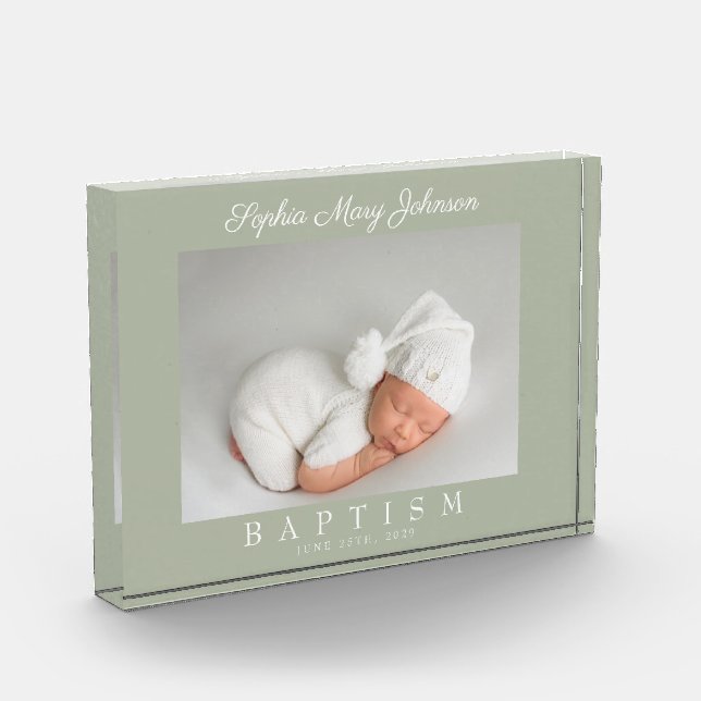 Elegant Sage Green Baptism Keepsake Photo Block (Left)