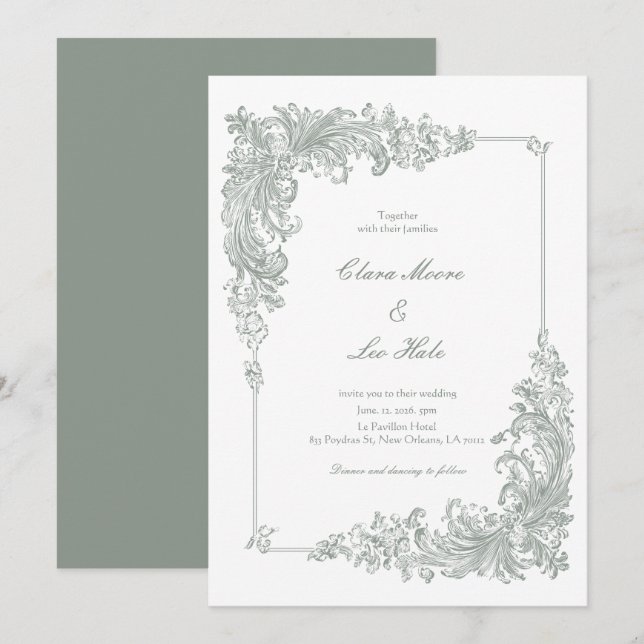 Elegant Sage Green Baroque Wedding Invitation (Front/Back)