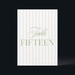 Elegant Sage Green & Beige Wedding 15 Table Number<br><div class="desc">This elegant table number features a soft beige striped background with refined sage green serif typography and subtle script accents. Designed for garden weddings, refined receptions, and timeless outdoor celebrations. Coordinates with the “Iris” Wedding Invitation Collection — click the collection link on this page to find matching items like menus,...</div>