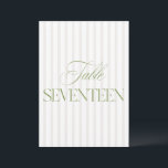 Elegant Sage Green & Beige Wedding 17 Table Number<br><div class="desc">This elegant table number features a soft beige striped background with refined sage green serif typography and subtle script accents. Designed for garden weddings, refined receptions, and timeless outdoor celebrations. Coordinates with the “Iris” Wedding Invitation Collection — click the collection link on this page to find matching items like menus,...</div>