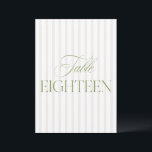 Elegant Sage Green & Beige Wedding 18 Table Number<br><div class="desc">This elegant table number features a soft beige striped background with refined sage green serif typography and subtle script accents. Designed for garden weddings, refined receptions, and timeless outdoor celebrations. Coordinates with the “Iris” Wedding Invitation Collection — click the collection link on this page to find matching items like menus,...</div>