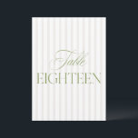 Elegant Sage Green & Beige Wedding 18 Table Number<br><div class="desc">This elegant table number features a soft beige striped background with refined sage green serif typography and subtle script accents. Designed for garden weddings, refined receptions, and timeless outdoor celebrations. Coordinates with the “Iris” Wedding Invitation Collection — click the collection link on this page to find matching items like menus,...</div>