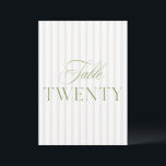 Elegant Sage Green & Beige Wedding 20 Table Number<br><div class="desc">This elegant table number features a soft beige striped background with refined sage green serif typography and subtle script accents. Designed for garden weddings, refined receptions, and timeless outdoor celebrations. Coordinates with the “Iris” Wedding Invitation Collection — click the collection link on this page to find matching items like menus,...</div>